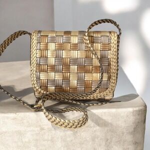 GEM Metallic Woven Crossbody Bag Gold Bronze Silver Shoulder Purse Boho Trendy